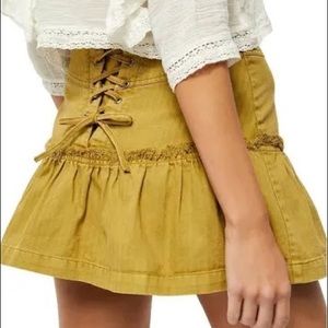 Olive Green Free People Positano Denim Ruffle Lace Up Skirt